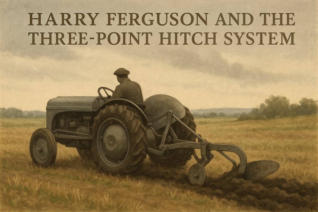 An early American tractor demonstrating the three-point hitch in action, ploughing a field in the late 1930s.