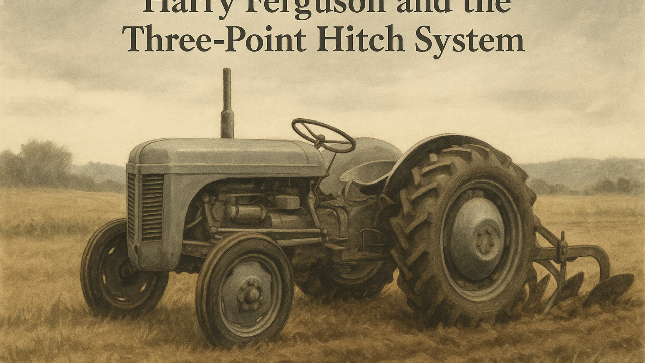 A vintage agricultural tractor equipped with a three-point hitch, set in a rural field during the mid-20th century.