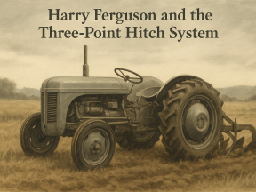 A vintage agricultural tractor equipped with a three-point hitch, set in a rural field during the mid-20th century.
