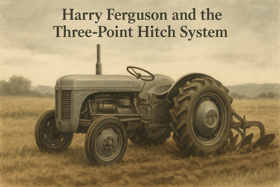 A vintage agricultural tractor equipped with a three-point hitch, set in a rural field during the mid-20th century.